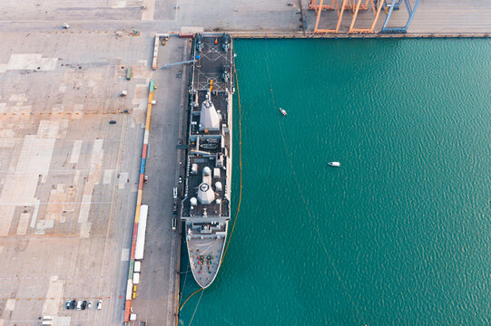 Aerial top view of USS John P. Murtha (LPD-26) San Antonio-class amphibious transport dock ship of the United States Navy,