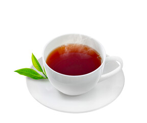  White Cup of green tea with fresh tea leaves on a white saucer, transparent background PNG. Pro...