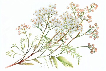 A Gypsophila Branch Hand Drawn In Watercolor Isolated On A White Background. Vintage Little White Flowers Bouquet For Valentines Day, Wedding And Other Events. Generative AI