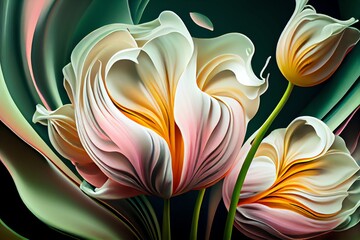 Abstract Spring Tulips. Luxurious Fluid Fluid Art Flowers. Generative AI