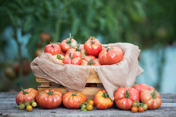 Vegetables, tomatoes on wooden desk