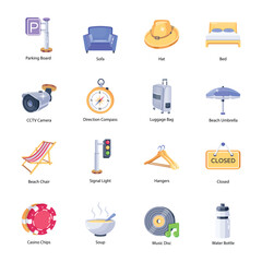 Pack of Modern Travel Accessories Flat Icons

