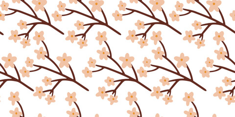 Fototapeta na wymiar Seamless pattern with pink small flower blossom on branches on white background vector illustration. Cute spring floral print.