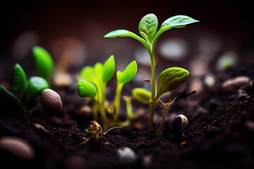 Close Up Of Tiny Green Seedlings Sprouting In The Ground. Generative AI