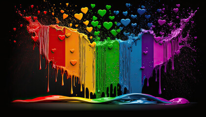 Künstlerisch abstrakte Regenbogenflagge mit Farbspritzern und Herzen in den Farben der Regenbogenflagge der LGBT-Bewegung (Lesbian, Gay, Bisexual and Transgender). (Generative AI)