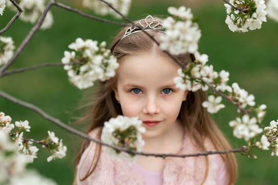 Portrait of a beautiful little princess in a pink dress. She is posing among flowering trees at sunset.