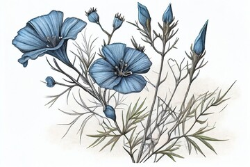 Drawing Realistic Blue Flax Flower, Linum, Hand Drawn Illustration,Floral Design Element. Generative AI