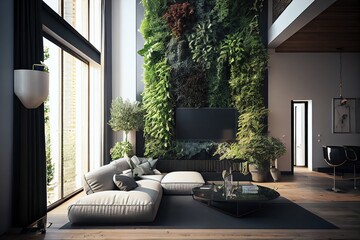 Living Room With Vertical Garden, Plants In Luxury Interior. Generative AI