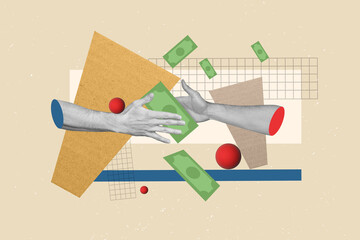 Photo cartoon comics sketch collage picture of arms sharing money cash isolated drawing background