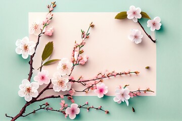 Spring Cherry Blossom Flat Lay Design With Blank Copy Space. Empty Scene With Sakura Branch. Generative AI