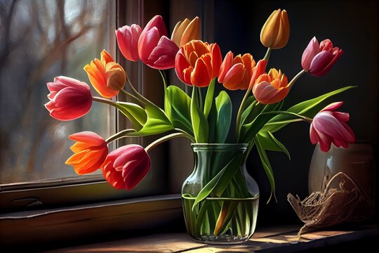 Tulips In A Vase On A Windowsill. Generative AI