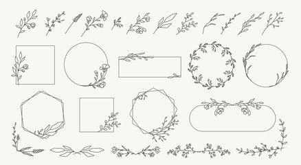 Fototapeta na wymiar Set of minimal botanical hand drawn design elements in line style. Frames, borders, corners, wreaths, leaves, branches, flowers. Vector for label, logo, corporate identity, wedding invitation, card