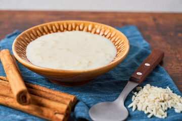 Traditional rice pudding with cinnamon. Tasty and nutritious breakfast