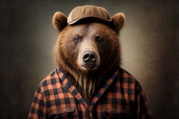Portrait of a bear dressed in a lumberjack suit, generative ai	