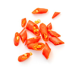 Heap of chopped Chili pepper with seeds isolated on white, top view