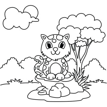 Funny jaguar cat cartoon characters vector illustration. For kids coloring book.