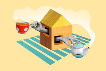 Photo sketch graphics collage artwork picture of arms inside small house enjoying brew make tea...