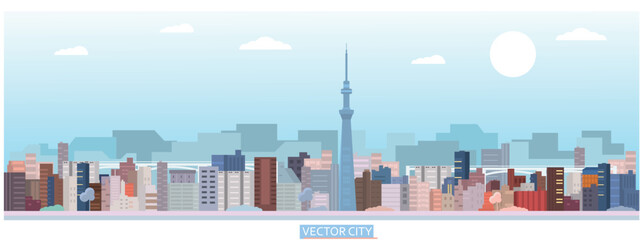 Vector poster with modern city view. Panoramic view.	