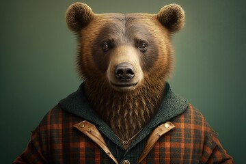 Portrait of a bear dressed in a lumberjack suit, generative ai	