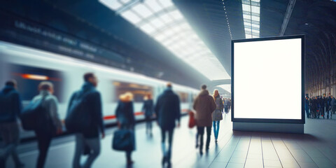 Obraz premium An empty blank billboard or advertising poster in a train station with blurred people. Generative ai