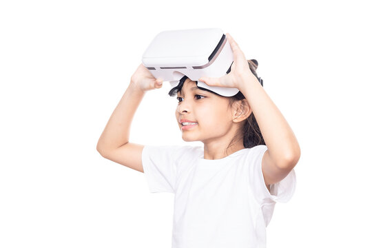Children experiencing virtual reality isolated on white background with clipping path.