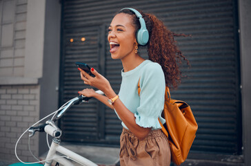 Woman, happy and bicycle with music on phone while on ride in city. Black woman, excited and smile...