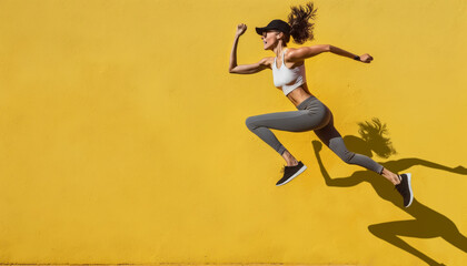 Generative AI illustration of a photo of a Fit Woman Jumping In Front Of A Yellow Wall