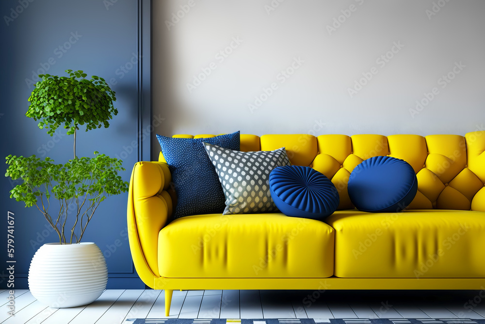 Wall mural living room interior mockup with yellow sofa and blue accessories. generative ai illustration