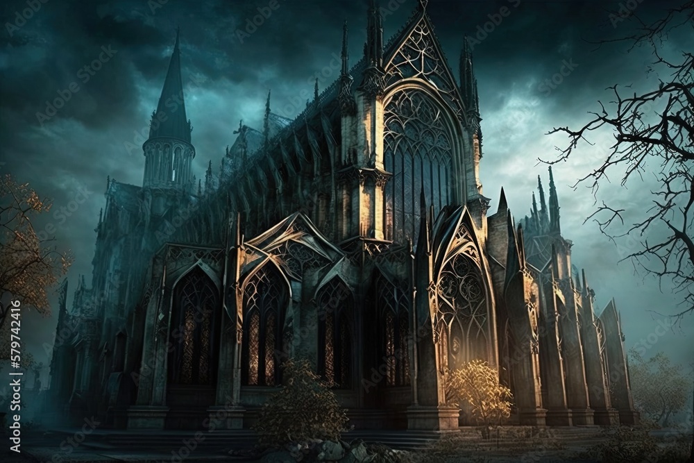 Poster spellbinding architecture - consuming presence of a gothic church generative ai