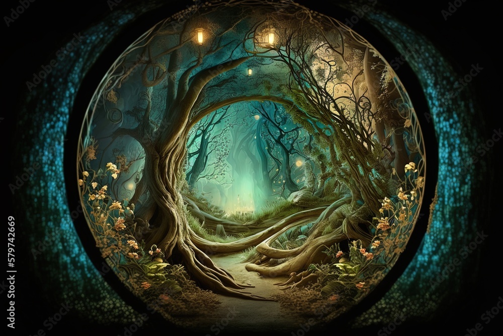 Poster the betwixt-and-between dreamscape of an enchanted forest generative ai