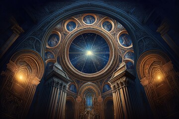 Obraz premium The Celestial Cathedral: A Holy Illumination of Mystique Generative AI
