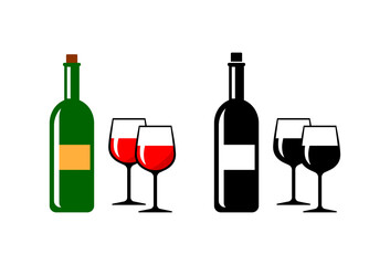 Wine bottle and glass. Vector icons on white background.