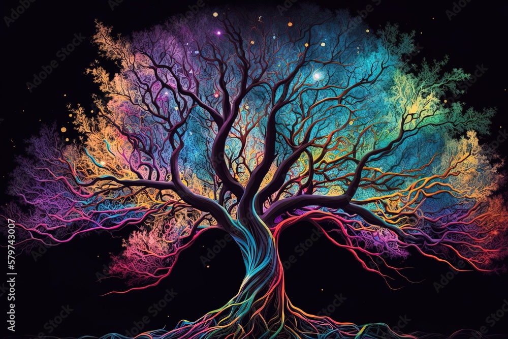 Poster the mystical colors of a psychedelic tree generative ai