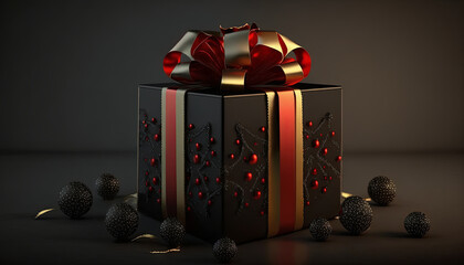 Black gift box with gold and red ribbon, Black Friday, Christmas, Birthday concept