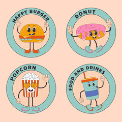 Fast food sticker, label set in trendy groovy style. Burger, popcorn, donut. Character and mascot.