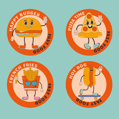 Fast food sticker, label set in trendy groovy style. Burger, fries, pizza, hot dog. Character and mascot.