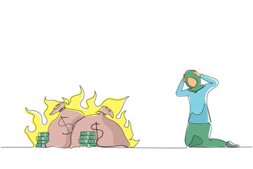 Single one line drawing upset Arabian businesswoman kneeling. Finances burning up. Global financial crisis, inflation. Bankruptcy. Inability to do business and pay bills. Continuous line design vector