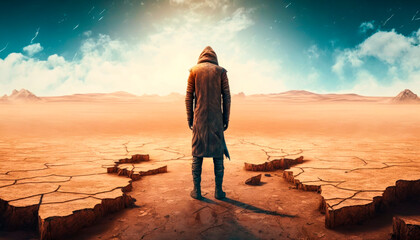 Fototapeta premium Man standing on cracked earth in desert. AI generated.