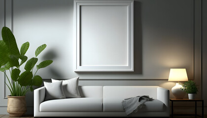 Minimalist hanging vertical poster or photo frame mockup in living room wall with plant.