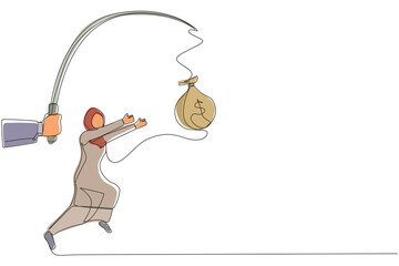 Continuous one line drawing hand with fishing pole and money bag control greedy Arab businesswoman under hypnosis. Woman running after dangling money bag, trying to catch it. Single line design vector