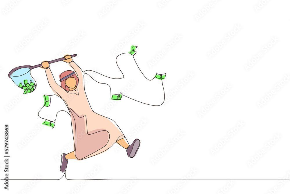 Poster continuous one line drawing arab businessman trying to catch flying money with butterfly net. runnin
