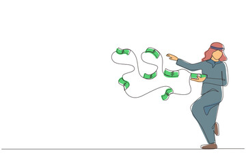 Single one line drawing happy Arabic businessman millionaire throw out pile of money banknotes flying into the air. Success and wealthy fortune entrepreneur. Continuous line draw design graphic vector