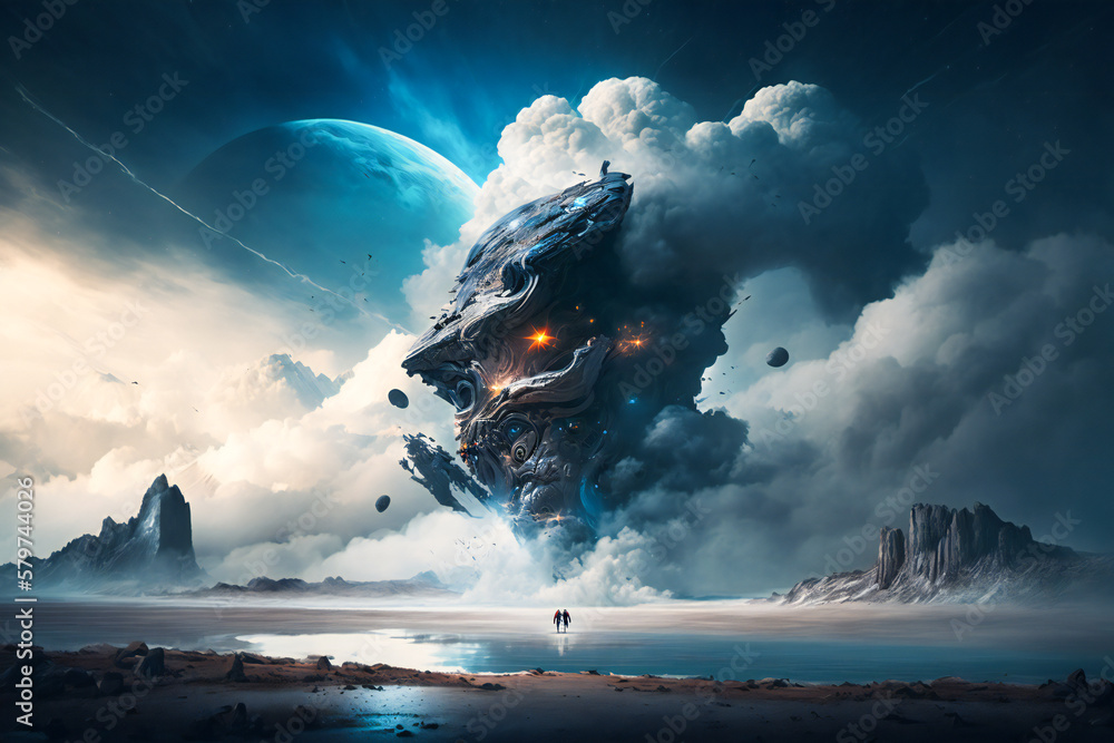 Poster giant alien space ship surrounded by clouds. created with generative ai technology.