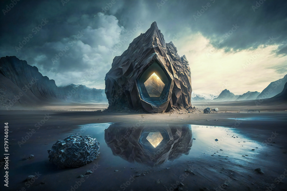 Poster strange, bizarre ancient alien structure on an alien planet. created with generative ai technology.