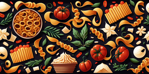 Pattern of pasta  with spaghetti, lasagna, and other Italian dish. Generative AI