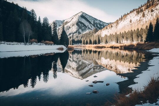 Scenic View of Tibble Fork Reservoir with Snow Capped Mountains in the Background, AI generated