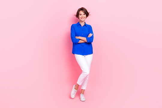 Full body size photo of business lady wear stylish smart casual outfit office job folded hands expert specialist isolated on pink color background
