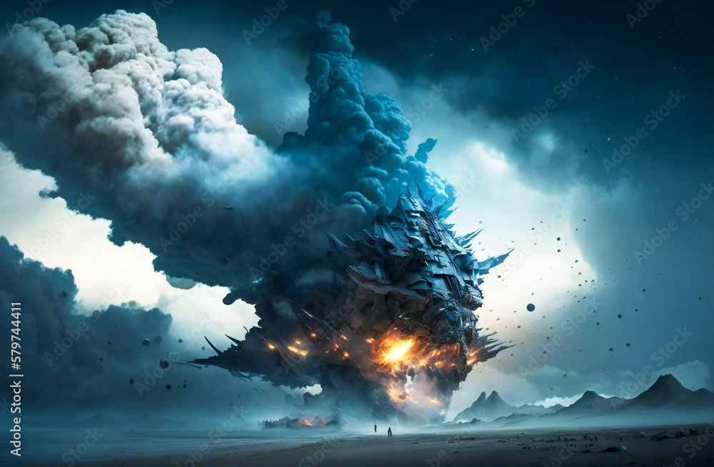 Poster giant alien space ship surrounded by clouds. created with generative ai technology.