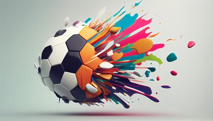 illustration of a soccer ball which explodes in rainbow colors against white background. Football advertisement