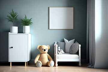 Modern bright nursery room with toys as interior design illustration and white empty picture frame for mock-up for poster design (Generative AI)